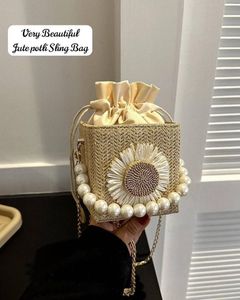 Elegant Pearl Embellished Jute Sling Bag