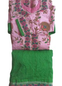 Embroidered Pink Kurta Set with Green Skirt