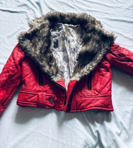 Red Quilted Faux Leather Jacket with Fur Collar