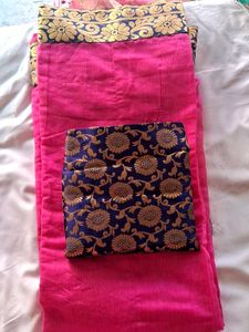 Vibrant Pink Silk Saree with Golden Floral Border
