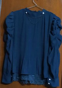 Elegant Blue Blouse with Pearl Detail