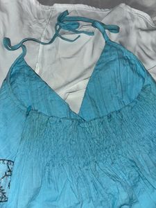 Blue Halter Neck Embroidery Top
