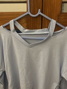 Light Blue Cut-Out Neck Long Sleeve Top