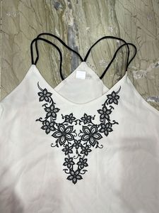 White Cami Top with Black Floral Embroidery