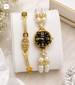 Elegant Gold Pearl Watch & Bracelet Set