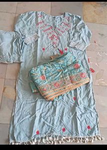 Light Blue Embroidered Kurta with Dupatta