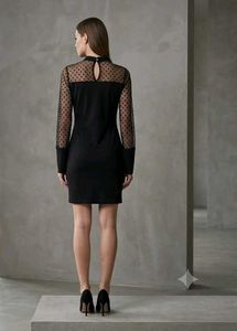 Black long sleeves mesh sheer polka dot bodycon dr