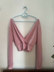 Pink Ribbed Wrap Crop Top | UK 12