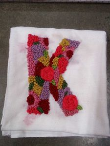 handmade floral "K" embroidery on cotton handkerch