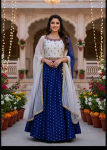 bust 38 Elegant Blue & White Embroidered Kurta Set