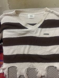 Striped V-Neck Distressed Sweater