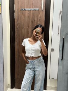 h&m White Lettuce Hem Crop Top