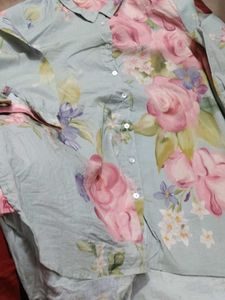 Light Blue Floral Print Button-Up Shirt