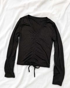 Chic Black Ruched V-Neck Top