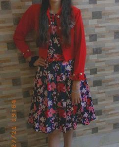 Floral Dress with Red Jacket