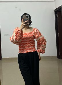 Orange Floral Smocked Crop Top w puff sleeves