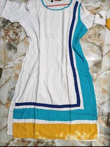 Stylish White Kurta with Blue &amp; Yellow Accents