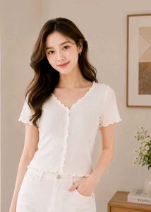 Cream Ribbed Button-Up Top