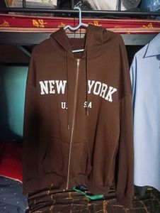 Oversized Brown "New York" Zip-Up Hoodie