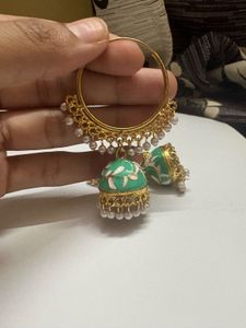 Green Jhumka Hoop Earrings