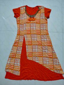 Orange Checkered Kurti with Embellished Neckline