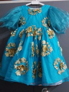 Turquoise Party Dress with Gold Embroidery