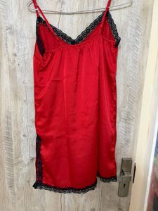 Red Satin Chemise with Black Lace Trim