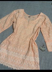 Floral Off-Shoulder Ruffle Dress and peach kurti