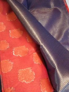 Elegant Coral &amp; Navy Brocade Saree