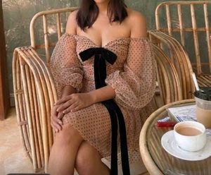 Sheer Polka Dot Off-Shoulder Dress