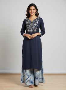 Embroidered Navy Blue Kurta with palazzo