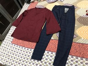 Maroon Kurti with Checked Trousers
