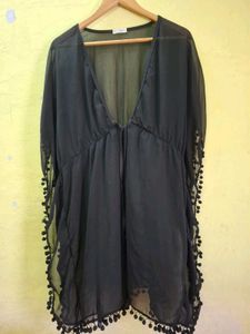Sheer Black Cover-up kaftan with Pom-Poms