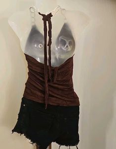 Brown Halter Top with Chain Detail