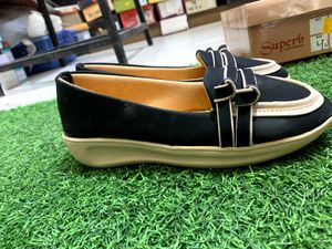 Stylish Black Loafers with Cream Trim all sizes av