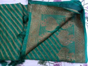 Green &amp; Gold Striped Saree Fixed Price