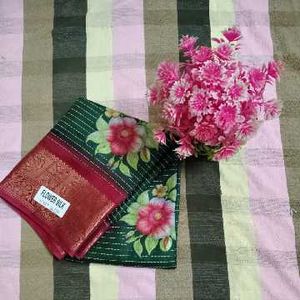 Beautiful Floral Print Green Saree