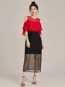 Chic Red Cold Shoulder Ruffle Dress