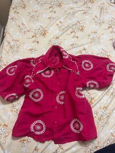 Pink Embroidered Puff Sleeve Shirt🌺