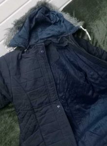 Navy Puffer Jacket with Fur Hood