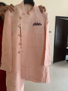 Men's Peach Asymmetrical Kurta father and son comb