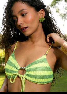 Green Striped Front Tie Bikini Top