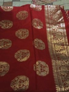 Red Saree With green Brand New Blouse