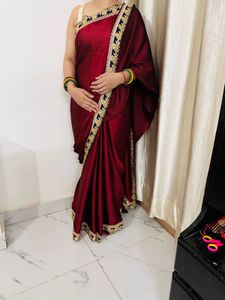 Elegant Maroon &amp; Navy Embroidered Saree