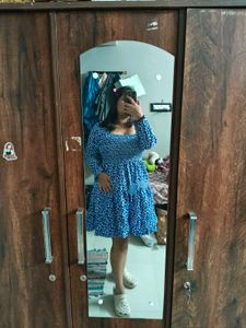 Blue Floral Smocked Square Neck Dress