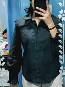Chic Black Button-Up Ruffled Collar Top
