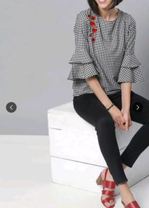 Chic Black & White Checked Bell Sleeve Top