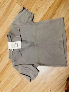 Grey Ribbed Collared Crop Top