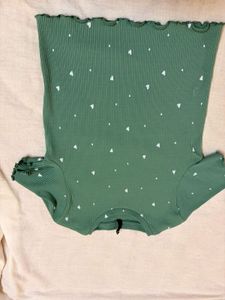 Green Ribbed Heart Print Crop Top