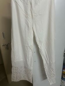 Elegant White Palazzo Pants with Cutwork Hem